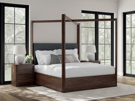 Dilenno Dark Brown King Canopy Bed front view with canopy