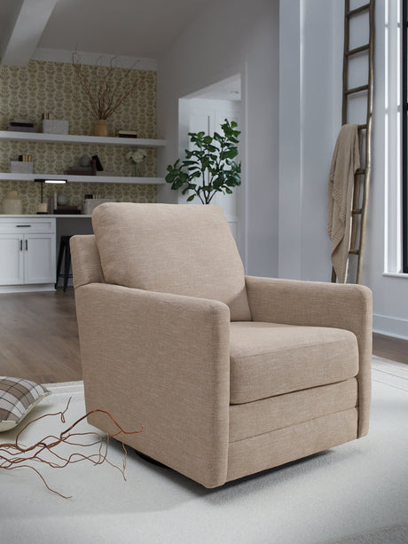 Freybourne swivel accent chair upholstered in light twill fabric, front view