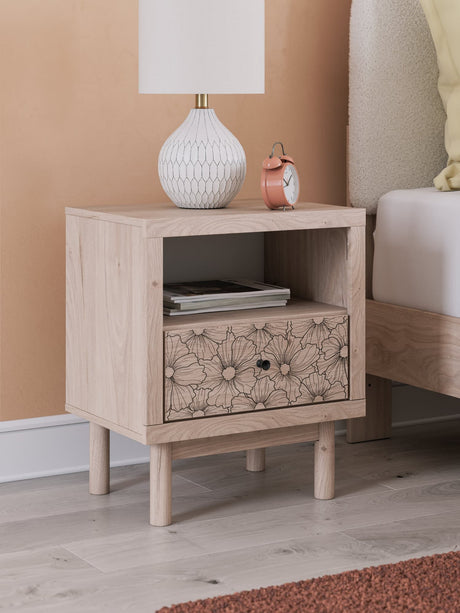 Arloster Tan Nightstand front angle showing floral drawer