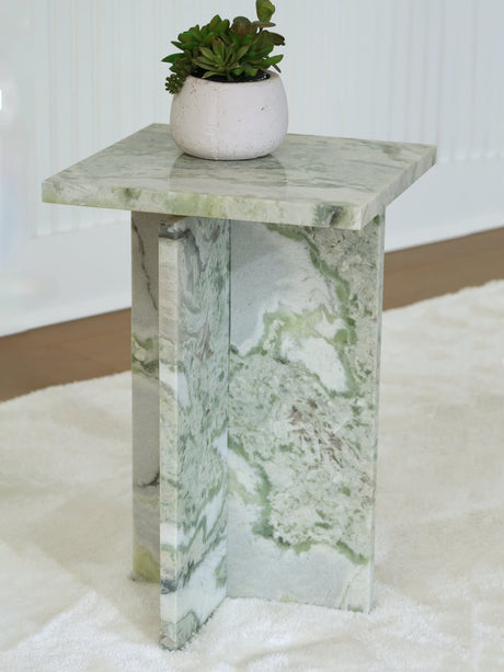 Deaconwell white and green marble accent table, front angle
