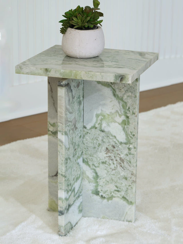 Deaconwell white and green marble accent table, front angle