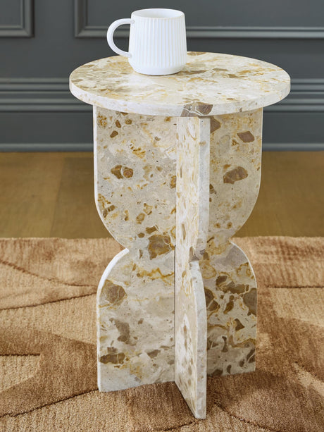 Treygan beige marble accent table side view