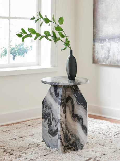 Wrenlane round marble accent table showing top and sculptural base