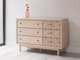 Arloster Tan Dresser front angle showing botanical drawer pattern