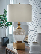 Tavisburg Brown White Gold Table Lamp front view with drum fabric shade