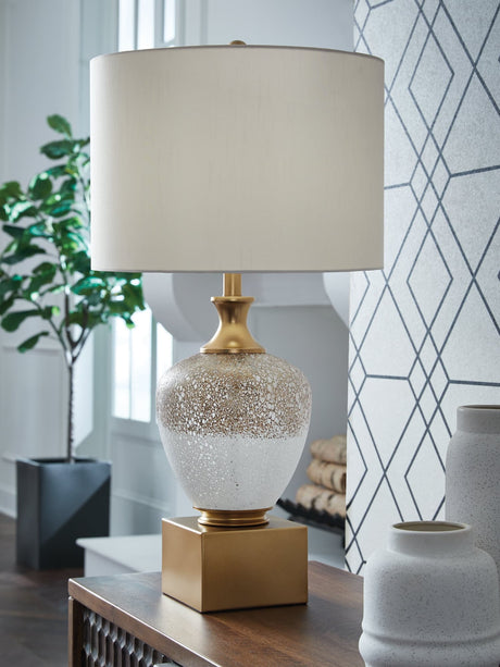 Tavisburg Brown White Gold Table Lamp front view with drum fabric shade