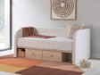 Arloster full day bed in tan and white showing front angle with storage drawers closed