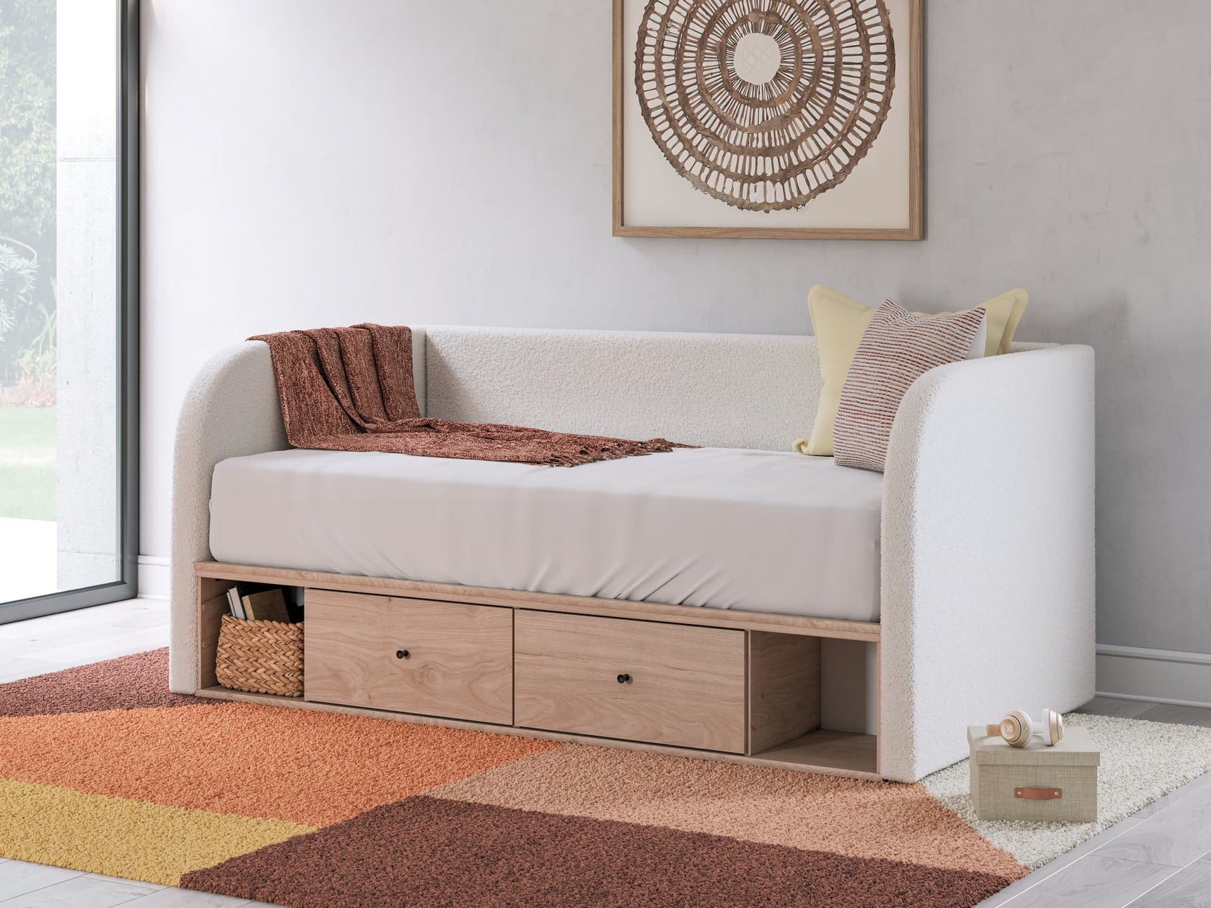 Arloster full day bed in tan and white showing front angle with storage drawers closed