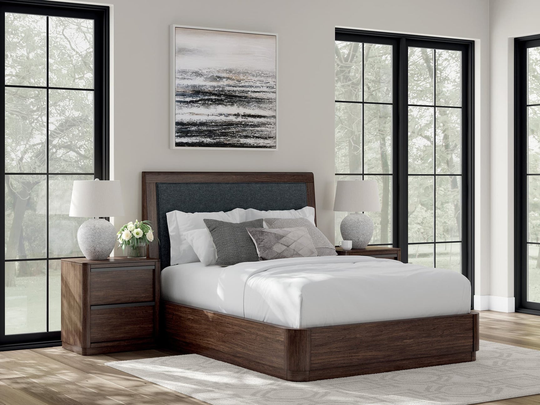 Dilenno Dark Brown Queen Upholstered Panel Bed front view