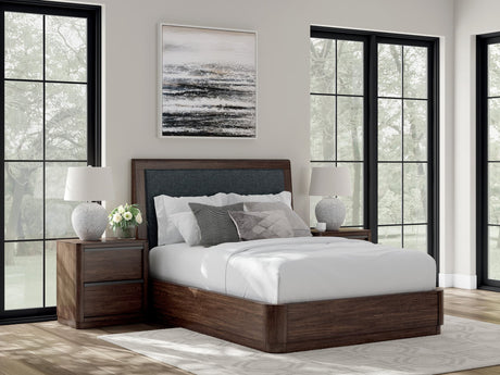 Dilenno Dark Brown Queen Upholstered Panel Bed front view