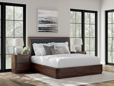 Dilenno Dark Brown King Upholstered Panel Bed front view