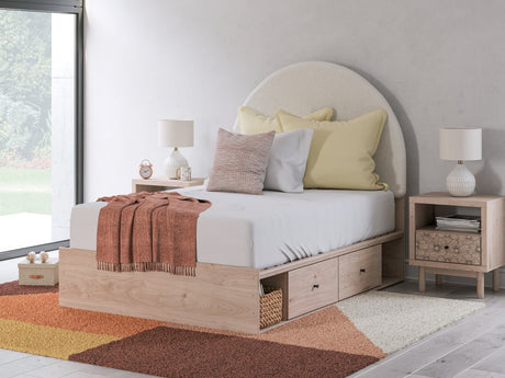 Arloster Full Upholstered Panel Bed in tan and white, angled side view