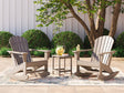 Sundown Driftwood Adirondack outdoor rocking chairs paired with end table, front angle