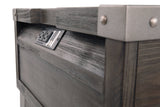 Todoe dark gray coffee table with two matching end tables from front angle