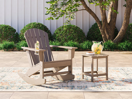 Sundown Driftwood Adirondack outdoor rocking chair and end table set - front view