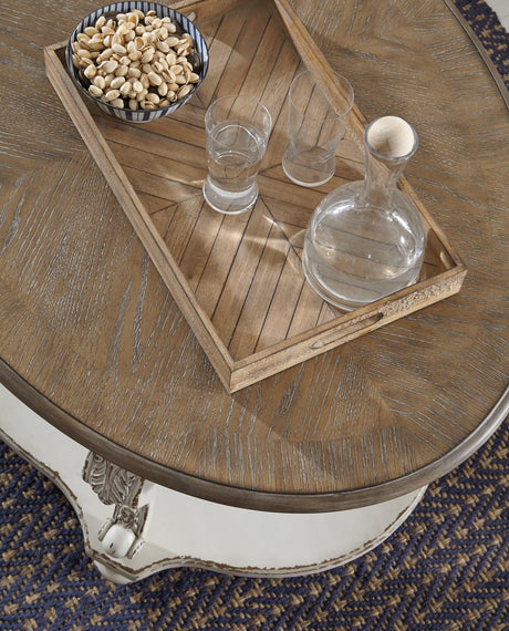 Realyn Coffee Table with Two End Tables in white and brown finish - front view