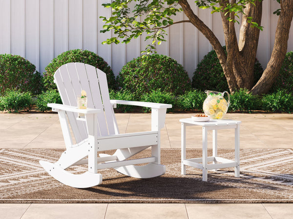 Sundown white Adirondack outdoor rocking chair with end table front view