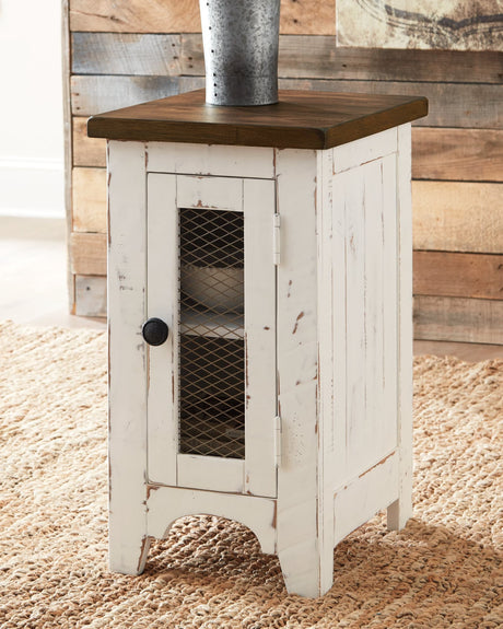 Front view of Wystfield 2-piece distressed white and brown end tables