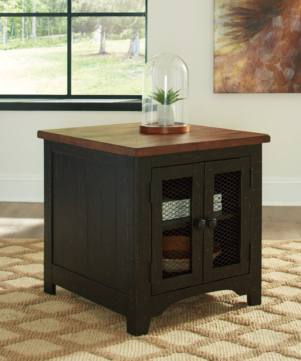 Valebeck black and brown end tables front view