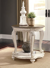 Realyn round end tables set - white chipped base, brown distressed top, front angle