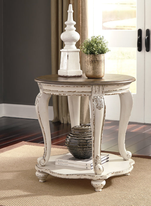 Realyn round end tables set - white chipped base, brown distressed top, front angle