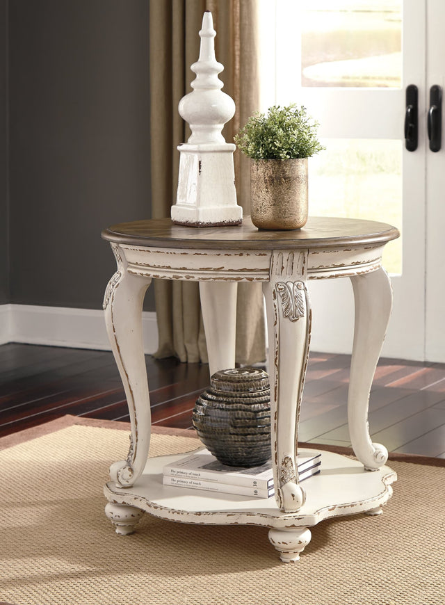 Realyn round end tables set - white chipped base, brown distressed top, front angle