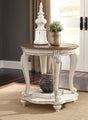 Realyn round end tables set - white chipped base, brown distressed top, front angle