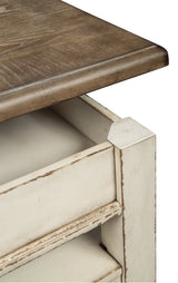 Realyn lift top coffee table with white base and distressed brown top