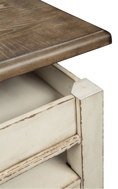 Realyn lift top coffee table with white base and distressed brown top