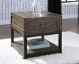 Johurst grayish brown coffee table with spring-lift top and drawer