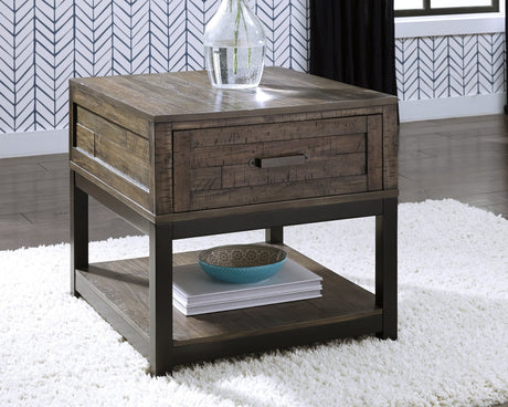 Johurst grayish brown coffee table with spring-lift top and drawer