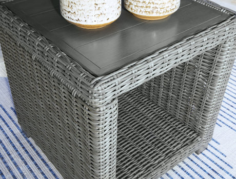 Elite Gray Park outdoor coffee table front view showing gray resin wicker and wood-look aluminum top