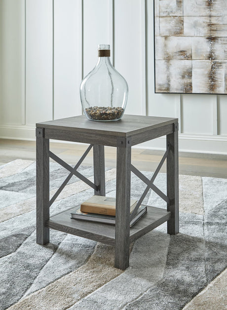 Freedan Grayish Brown 2-piece end tables front view showing woodgrain and metal accents