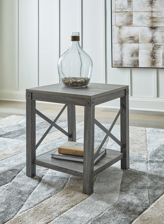 Freedan Grayish Brown 2-piece end tables front view showing woodgrain and metal accents