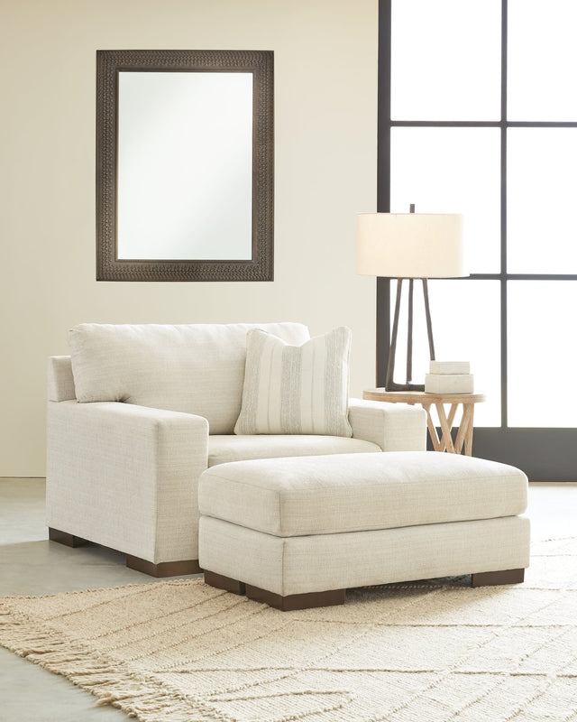 Front view of Maggie Birch Chair and Ottoman set in birch upholstery