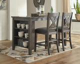 Caitbrook Gray Counter Height Dining Table and 2 Barstools front view
