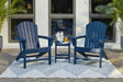 Sundown Blue Treasure outdoor set with two Adirondack chairs and end table, front view