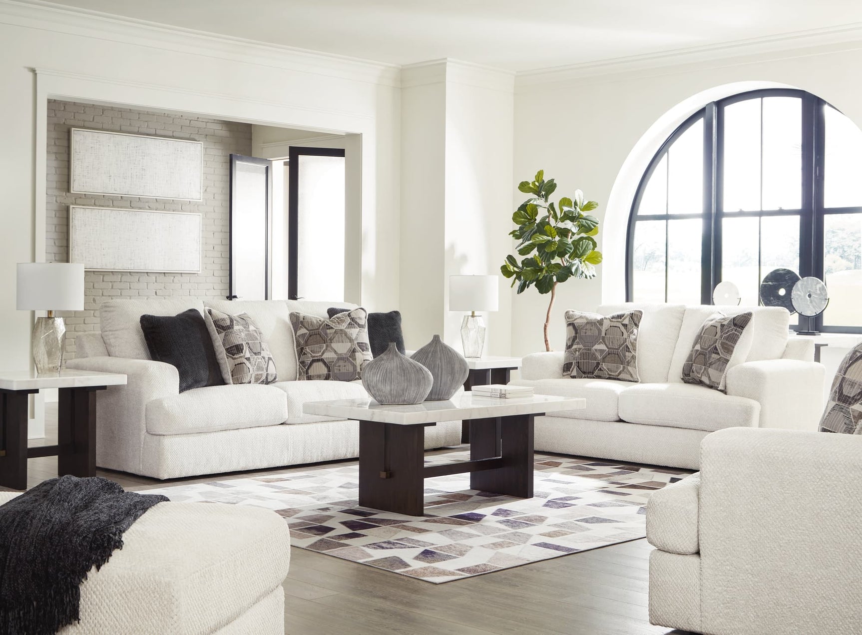Main view of Karinne linen sofa, loveseat, chair and ottoman set