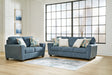 Blue Cashton sofa and loveseat set, front view
