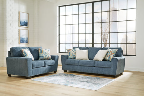 Blue Cashton sofa and loveseat set, front view