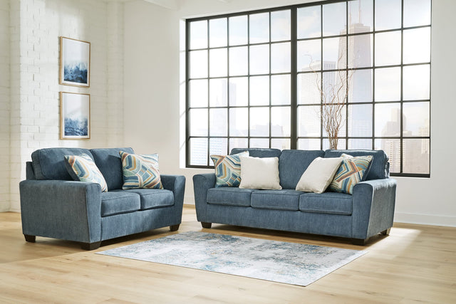 Blue Cashton sofa and loveseat set, front view
