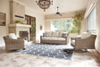 Beachcroft beige outdoor sofa front view with 2 swivel lounge chairs