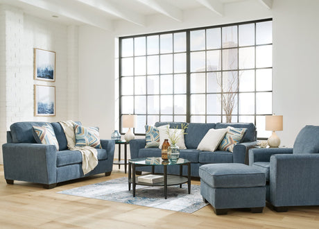 Main view of Cashton Blue Sofa, Loveseat, Chair and Ottoman from front angle