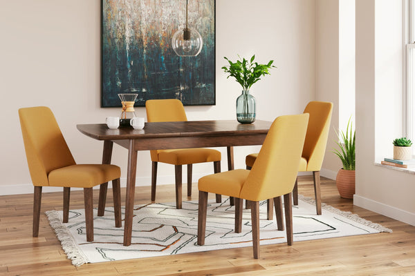 Lyncott Mustard and Brown dining table with four chairs, front angle