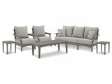 Visola gray outdoor sofa with cushions and armrests from front angle