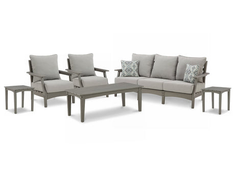Visola gray outdoor sofa with cushions and armrests from front angle