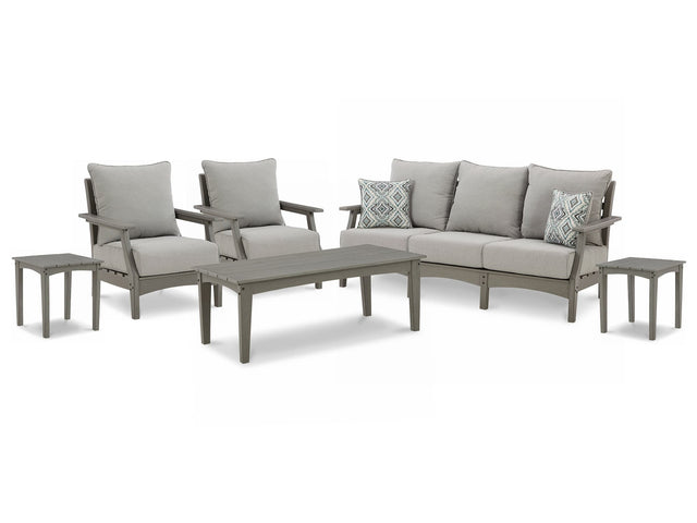 Visola gray outdoor sofa with cushions and armrests from front angle