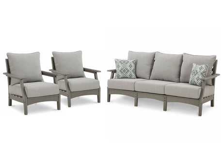 Visola Gray Outdoor Sofa with Two Lounge Chairs set, front angle