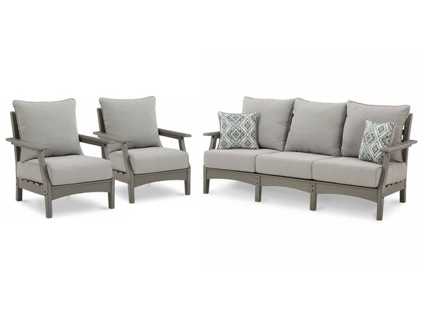 Visola Gray Outdoor Sofa with Two Lounge Chairs set, front angle