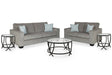 Altari Alloy sofa and loveseat set with coffee table and two end tables shown from front angle